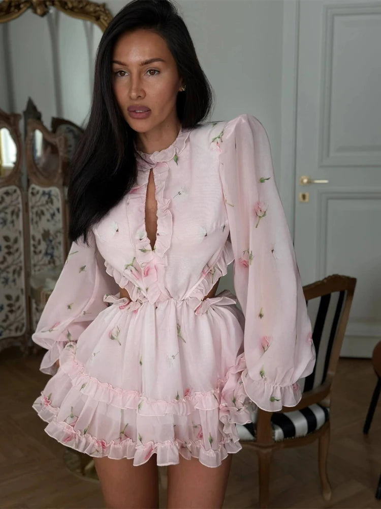 Pink Floral Backless A-Line Mini Dress