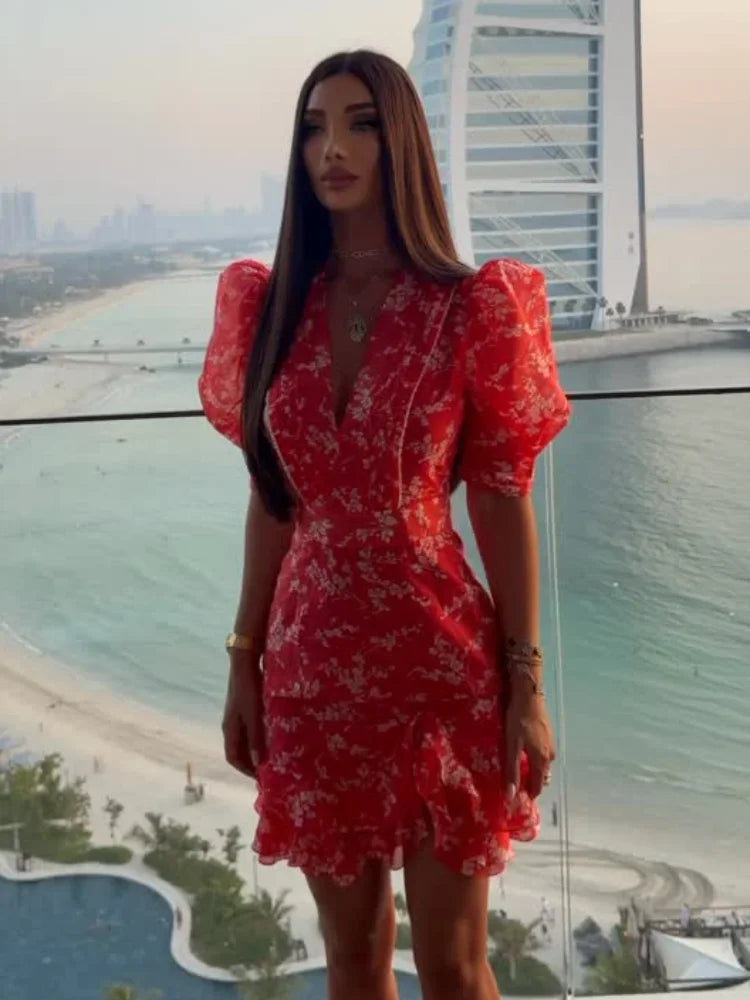 Red Floral Puff Sleeve Mini Dress
