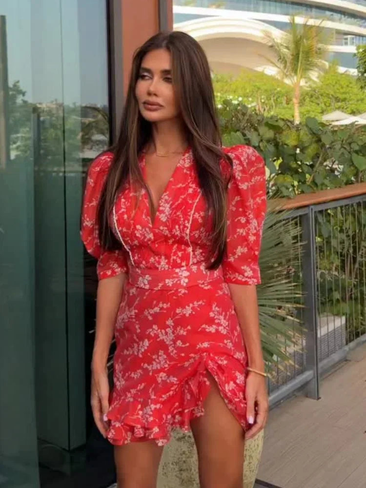 Red Floral Puff Sleeve Mini Dress