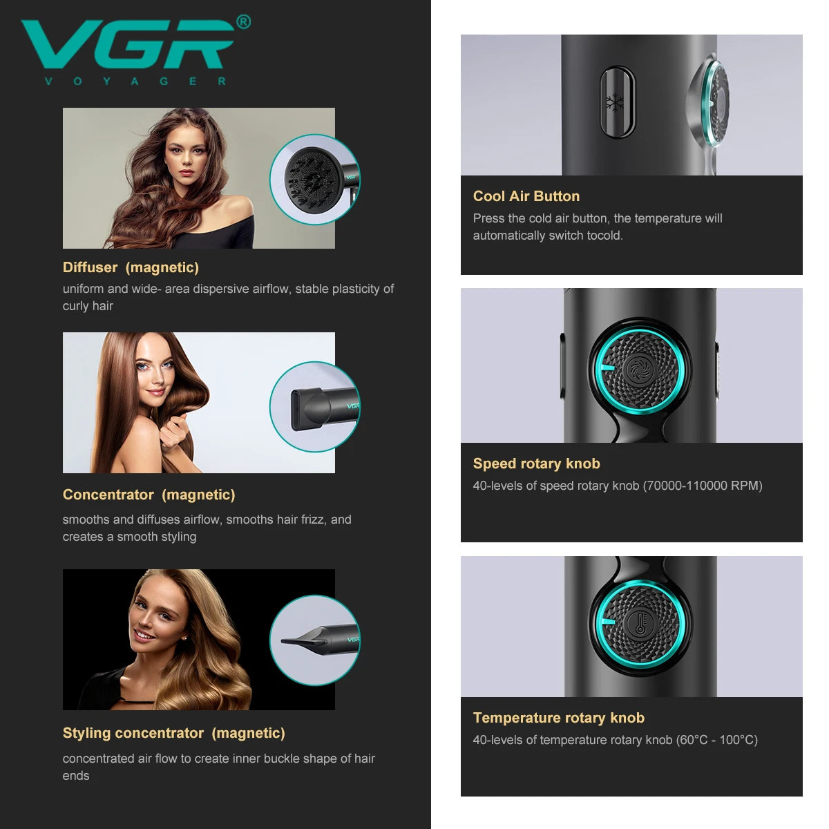 VGR Leafless Hair Dryer Professional Blow Dryer Brushless...