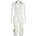 Joskaa Bowknot Decorate Halter Apricot Jumpsuit Women Hipster Sexy V-neck Backless Bandage Skinny Rompers Beach Holiday Clubwear