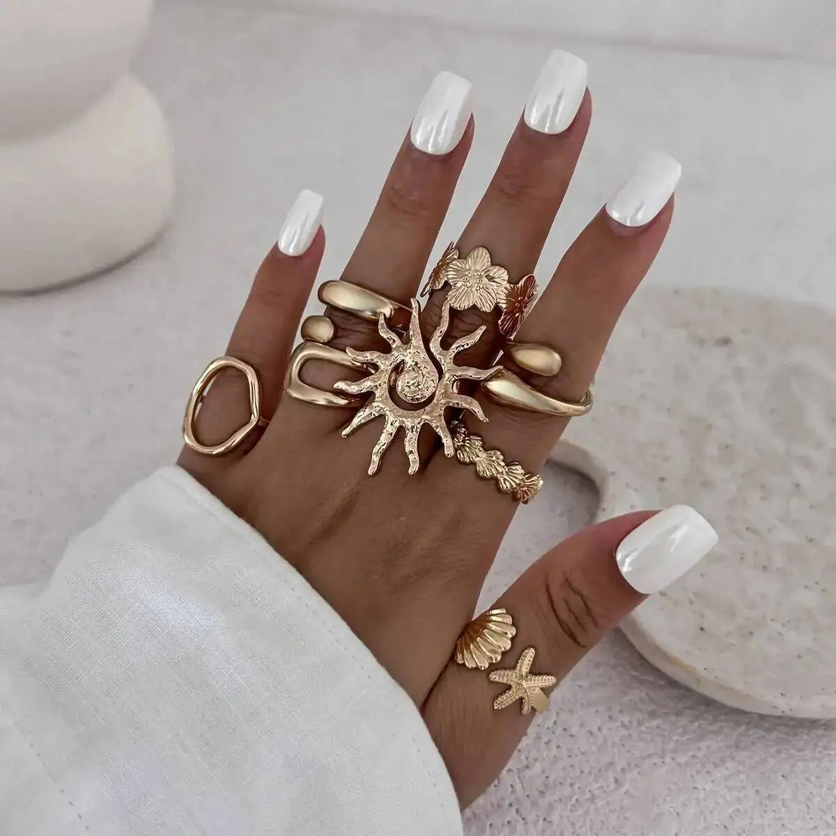 IngeSight.Z 8Pcs/set Fashion Starfish Scallop Open Finger...